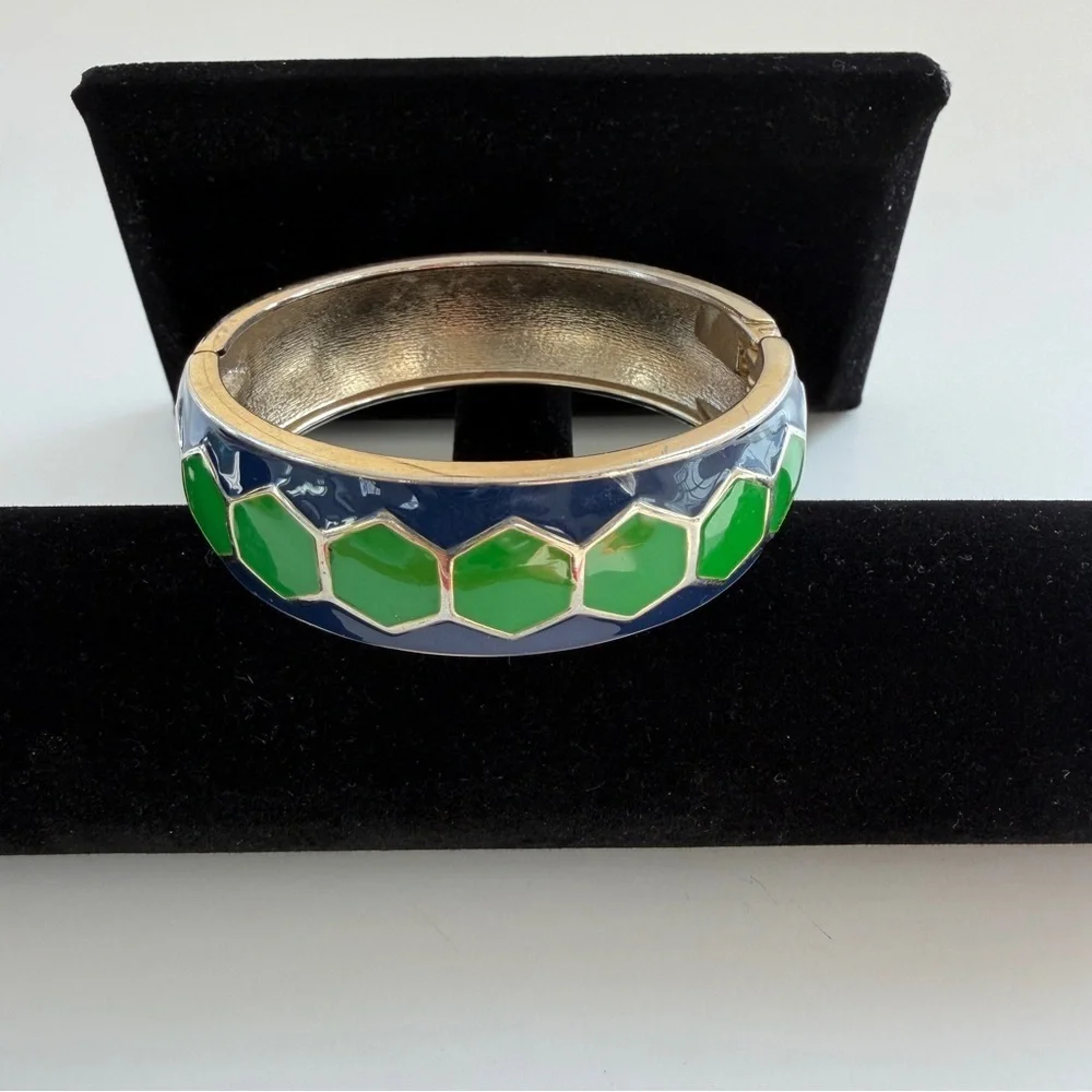 Enamel Green and Blue Hexagon Bangle Bracelet Statement‎ Spring Hinge Seahawks